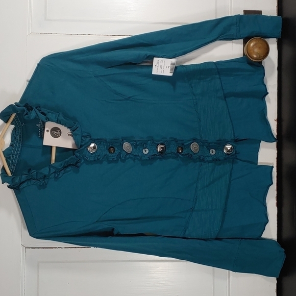 Neon Buddha Teal Mixed Button Up Shirt Cardigan Top Size Small Petite New - Picture 1 of 8
